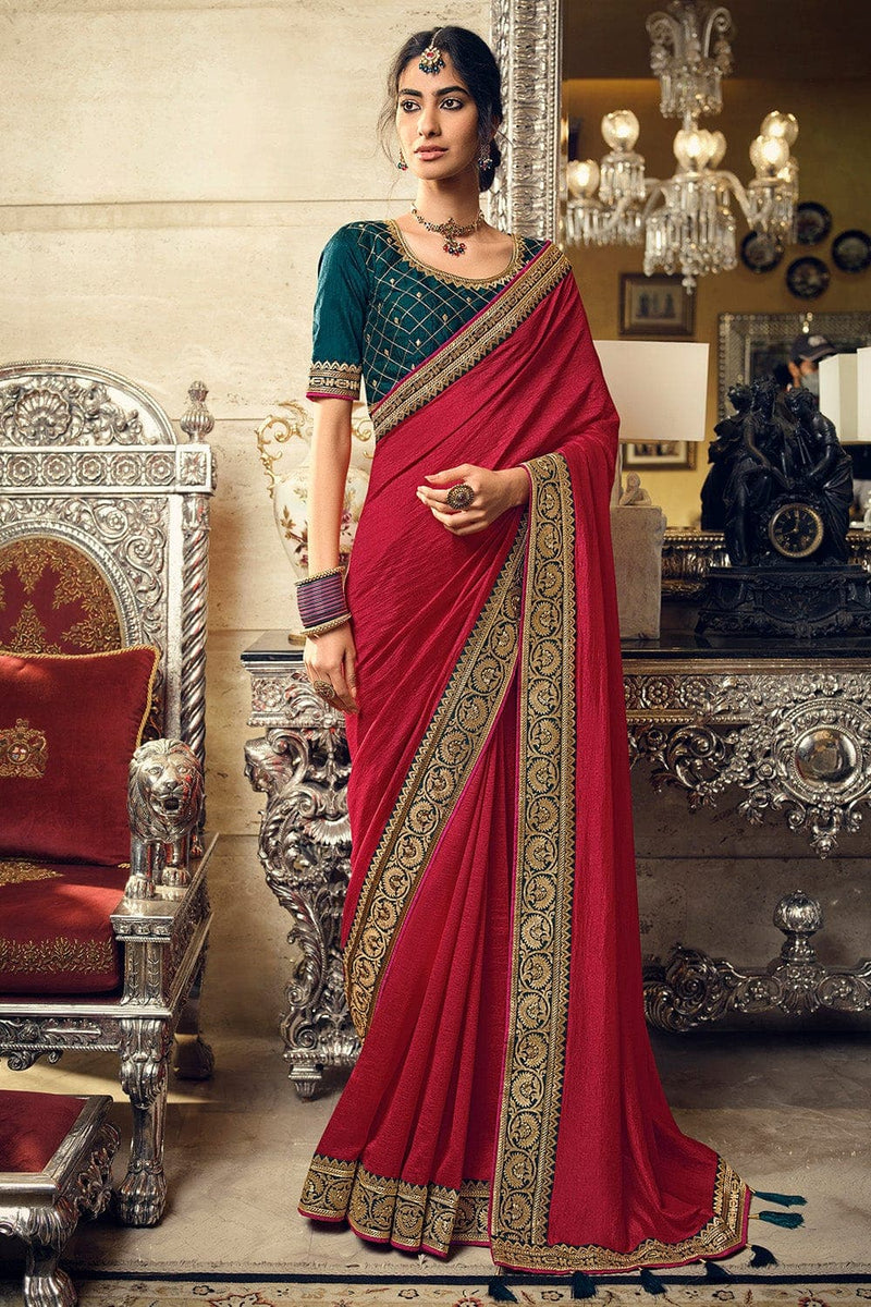 Buy Mahogany Red Lycra Saree online-KARAGIRI