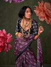 Purple Printed Ajarakh - Satin Crepe Saree With Blouse Piece