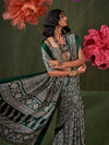 Green Printed Ajarakh - Satin Crepe Saree With Blouse Piece