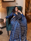 Blue Printed Satin Saree With Blouse Piece