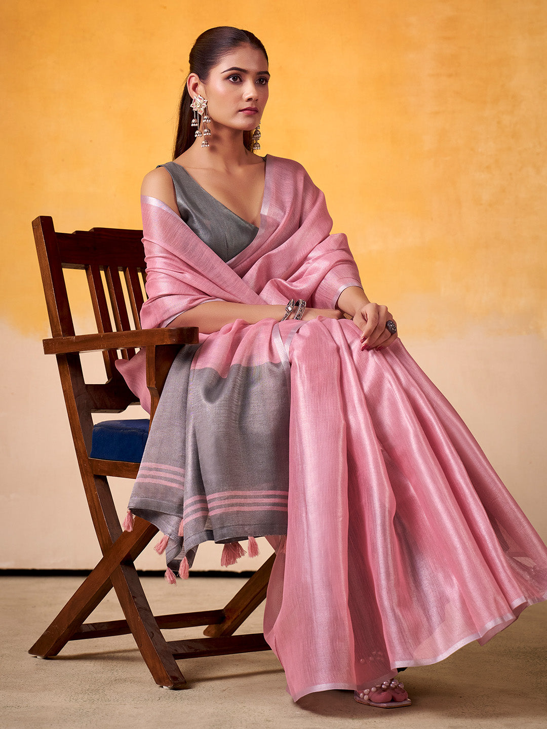 Pink Banarasi Tissue Silk Saree With Blouse Piece