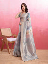 Grey Cotton Banarasi Woven Rich Pallu Printed Saree With Blouse Piece