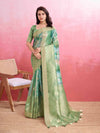 Turquoise Green Cotton Banarasi Woven Rich Pallu Printed Saree With Blouse Piece