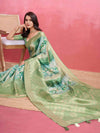 Turquoise Green Cotton Banarasi Woven Rich Pallu Printed Saree With Blouse Piece