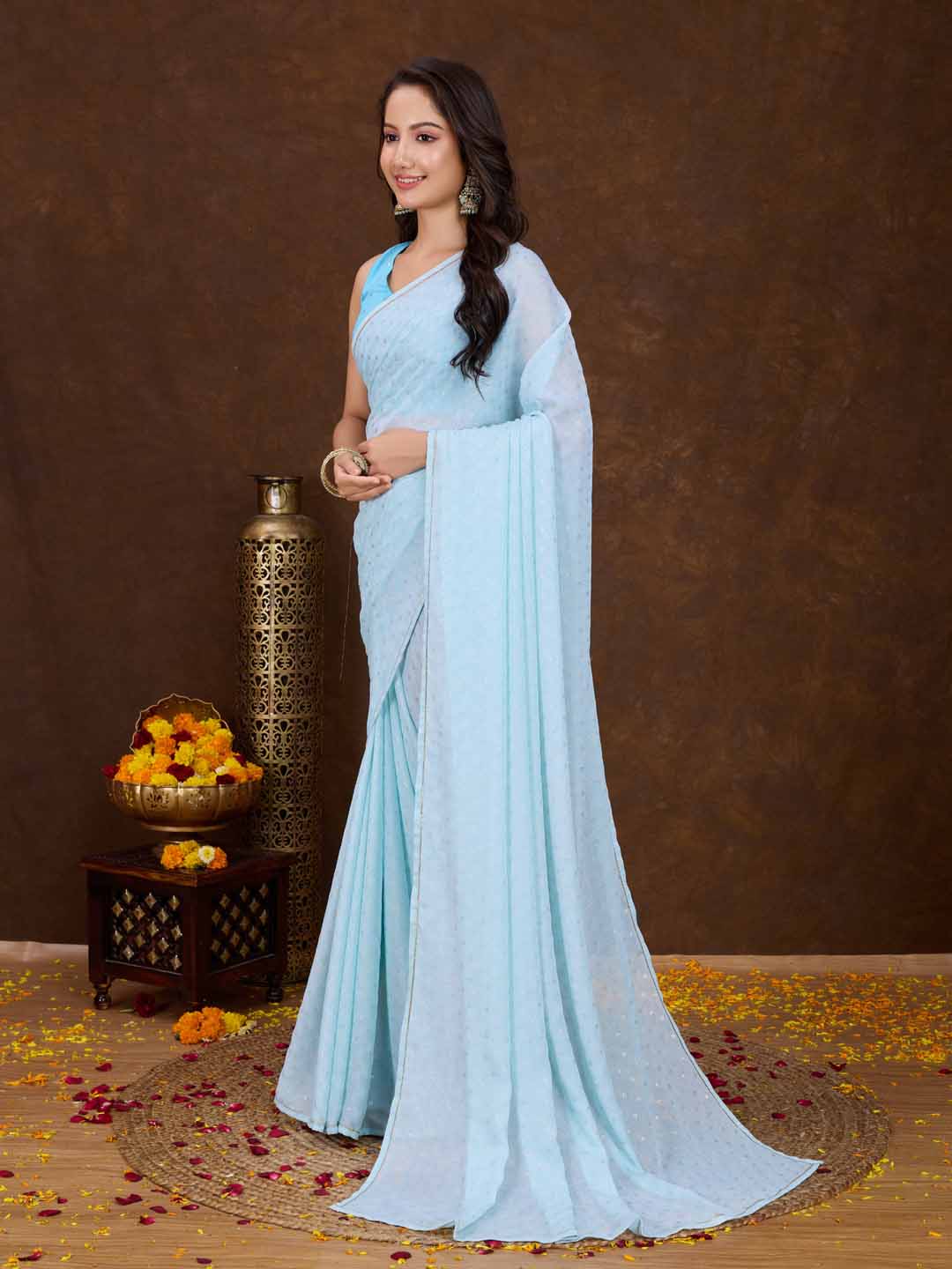 Blue Crepe Georgette Gold Foil Embellished Printed Saree With Blouse Piece