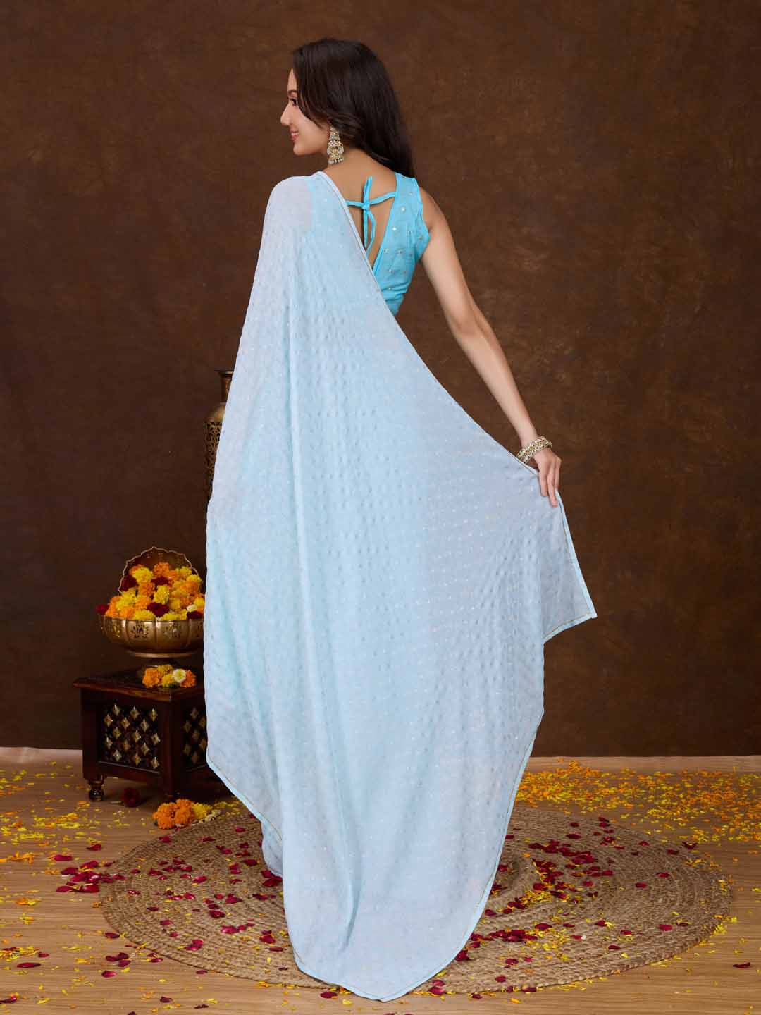 Blue Crepe Georgette Gold Foil Embellished Printed Saree With Blouse Piece
