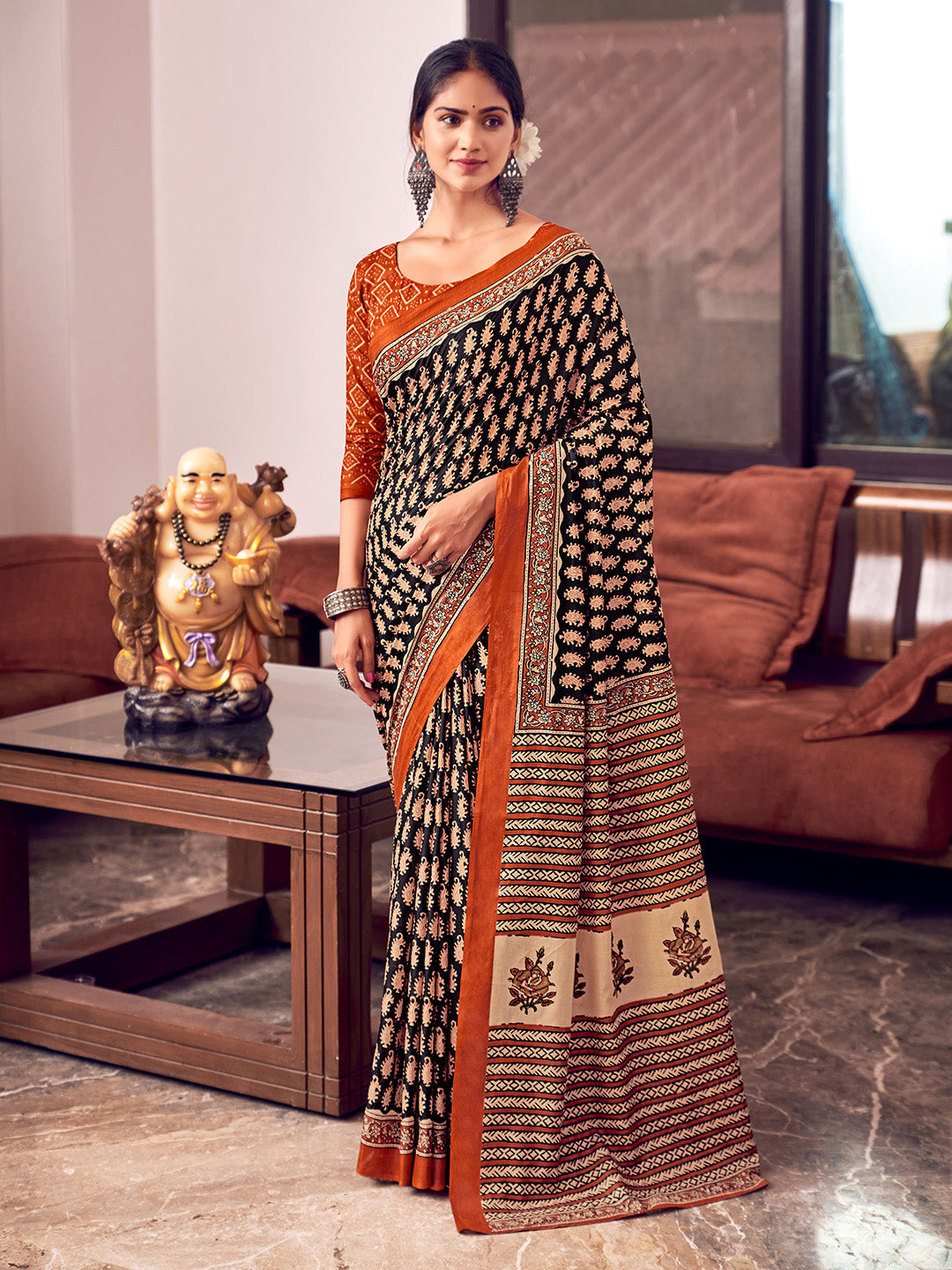 Orange And Blue Mulmul Cottons Saree With Blouse Piece