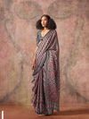 Grey Ajarakh Print Satin Georgette Saree With Blouse Piece