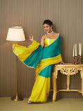 Teal Chiffon Colourblocked Saree With Blouse Piece
