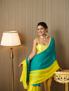 Teal Chiffon Colourblocked Saree With Blouse Piece