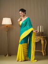 Teal Chiffon Colourblocked Saree With Blouse Piece