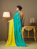 Teal Chiffon Colourblocked Saree With Blouse Piece