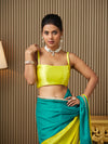 Teal Chiffon Colourblocked Saree With Blouse Piece