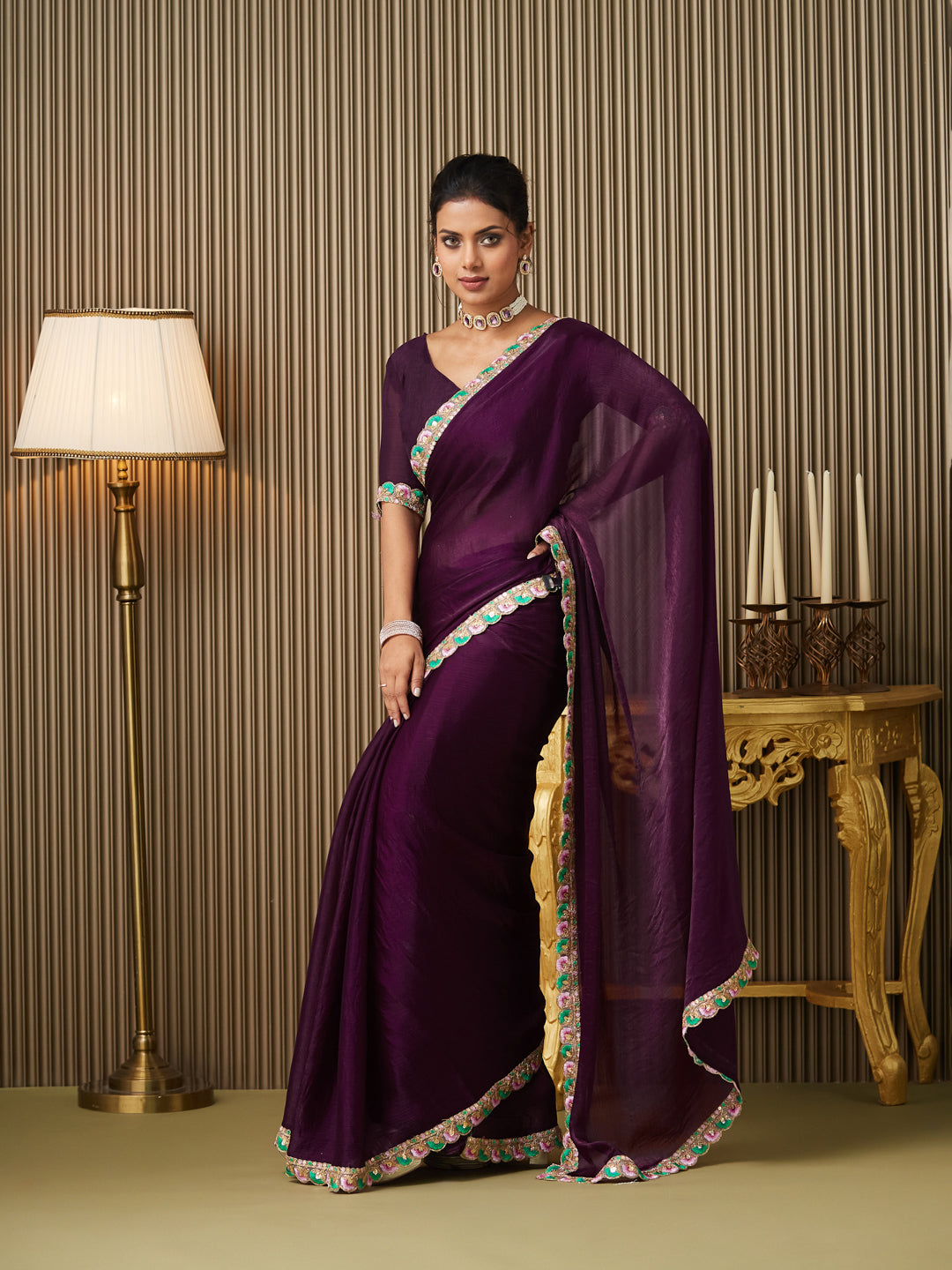 Purple Chiffon Embellished Saree With Blouse Piece