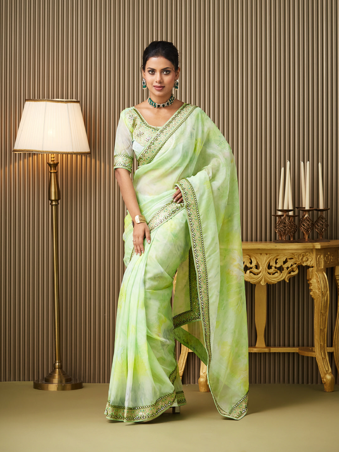 Green Organza Embroidered Saree With Blouse Piece