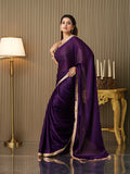 Purple Satin Solid Saree With Blouse Piece