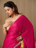 Red Chiffon Colourblocked Saree With Blouse Piece