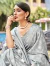 Grey Pure Linen Blend Saree With Blouse Piece