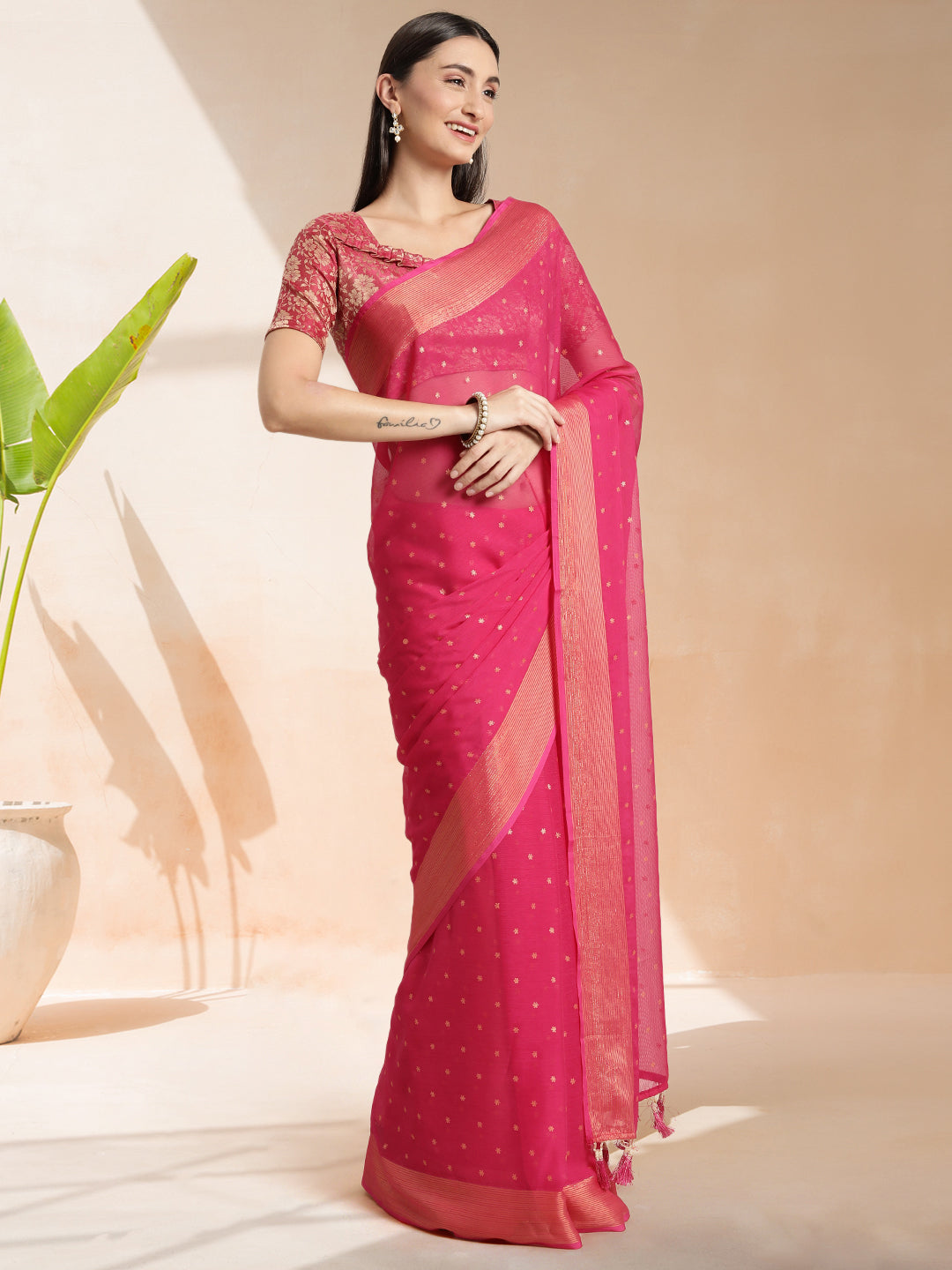 Fuchsia Chiffon Ready To Wear Saree With Blouse Piece