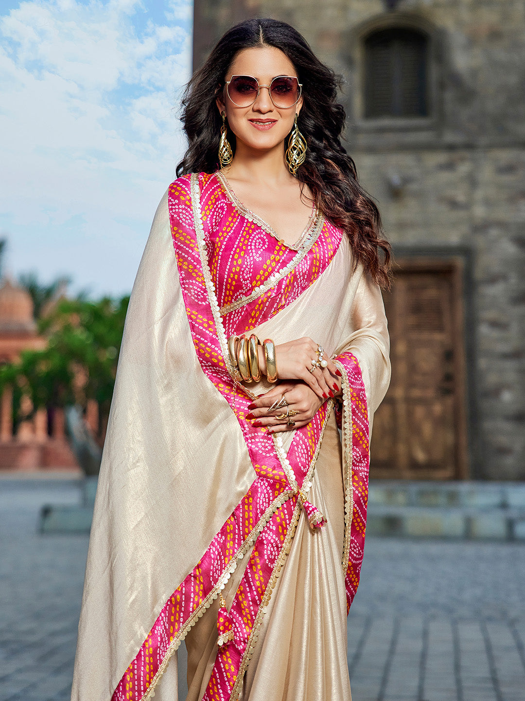 Beige Georgette Embellished Saree With Blouse Piece