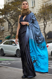 Black & Blue Satin Silk Saree With Blouse Piece