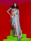 Blue Pure Self Zari Tissue Handloom Silk Saree With Blouse Piece