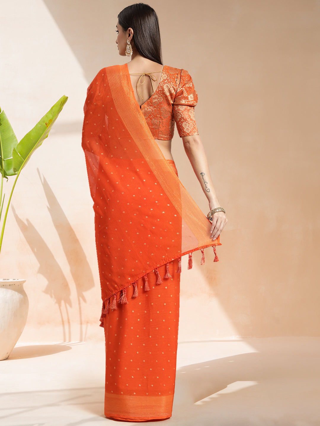 Orange Chiffon Ready To Wear Saree With Blouse Piece
