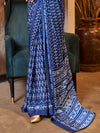 Blue Printed Satin Saree With Blouse Piece