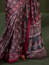 Red Printed Ajarakh - Satin Crepe Saree With Blouse Piece