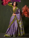 Wine-Green Printed Ajarakh - Satin Crepe Saree With Blouse Piece