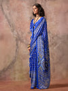 Blue Ajarakh Print Satin Georgette Saree With Blouse Piece