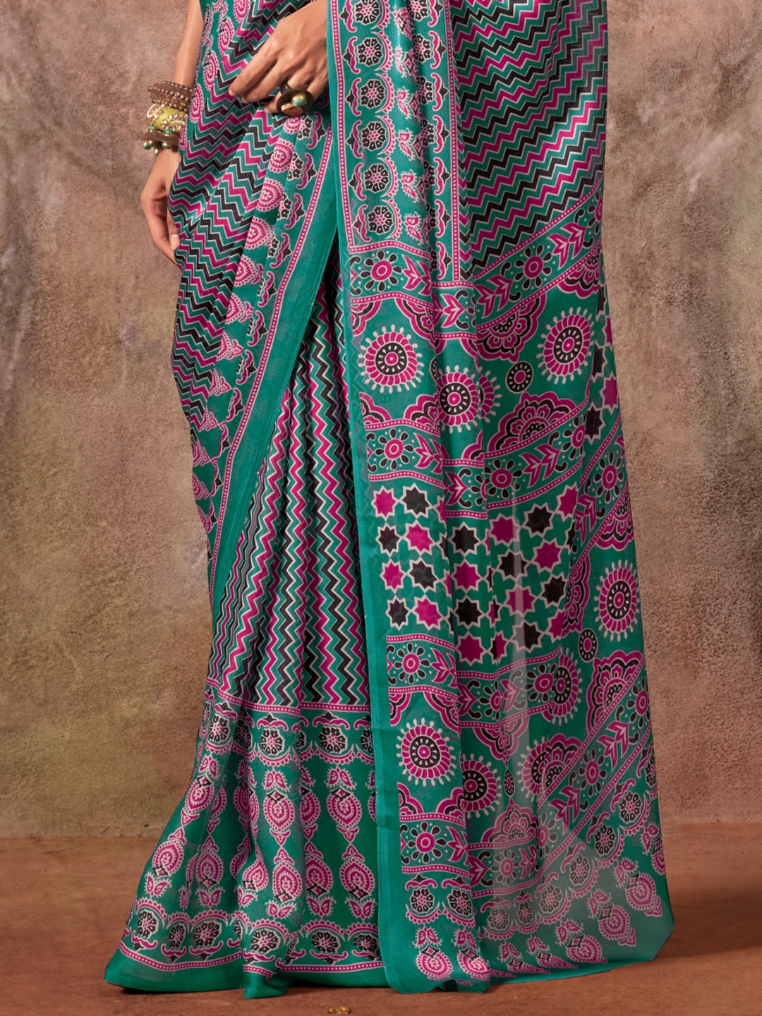 Rama Green Ajarakh Print Satin Georgette Saree With Blouse Piece