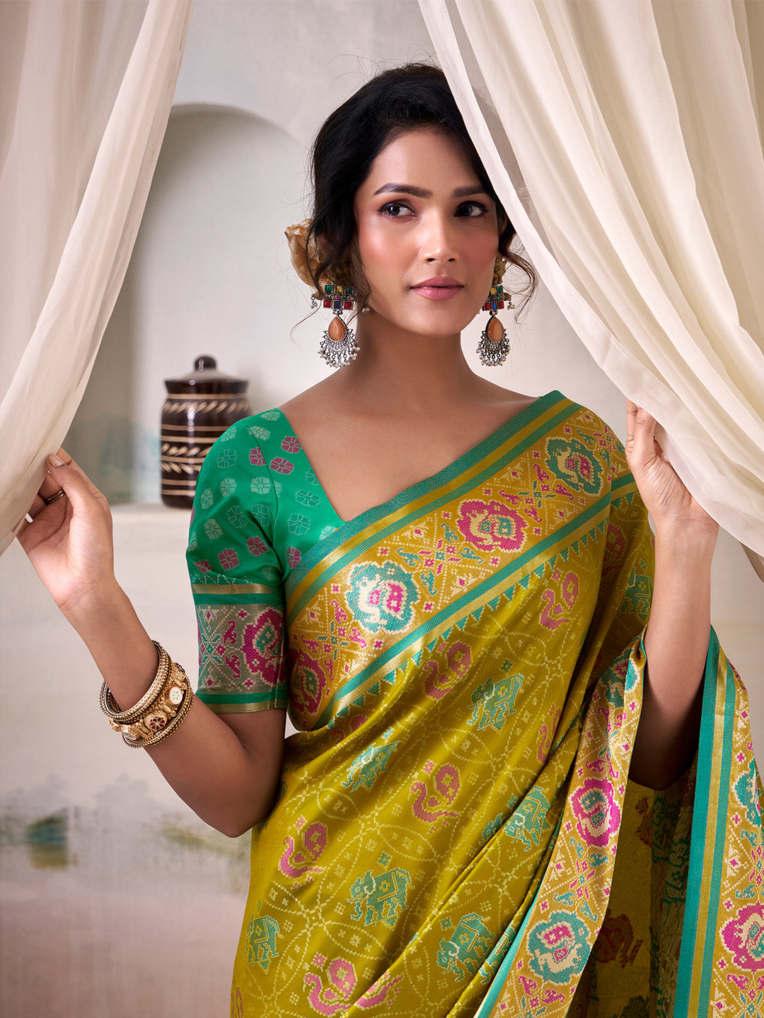 Lime Green Banarasi Patola Silk Saree With Blouse Piece