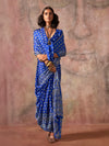 Blue Ajarakh Print Satin Georgette Saree With Blouse Piece
