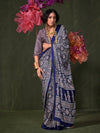 Blue Printed Ajarakh - Satin Crepe Saree With Blouse Piece