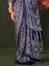 Blue Printed Ajarakh - Satin Crepe Saree With Blouse Piece