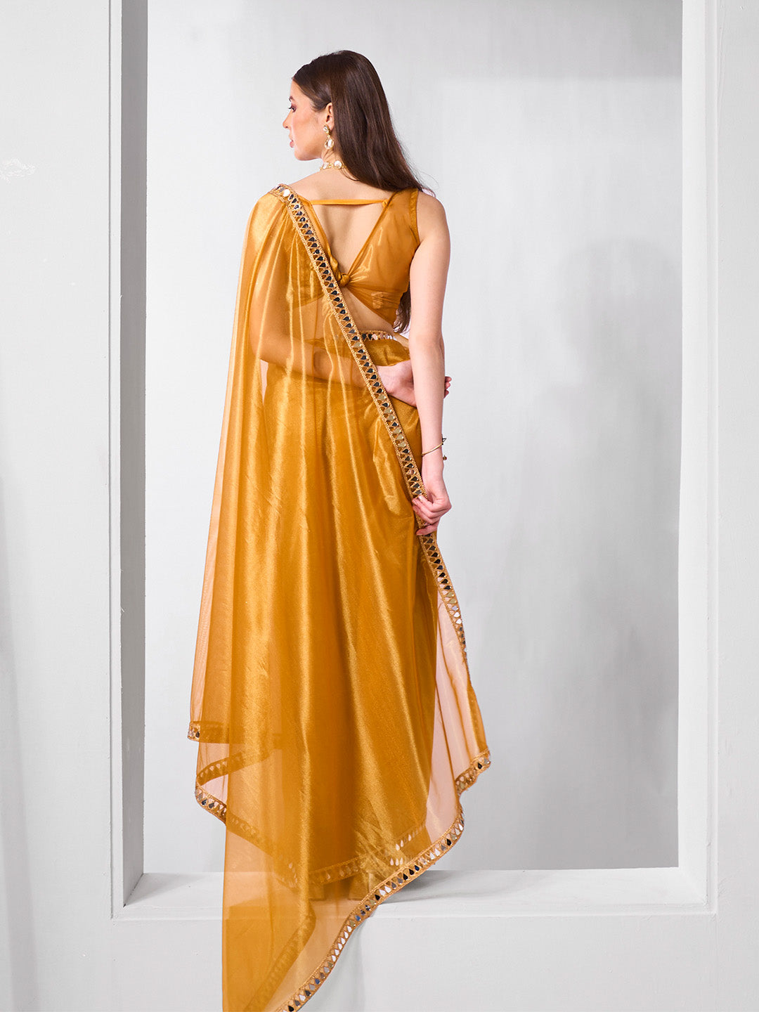 Mirror Work Lace Organza Saree With Blouse Piece