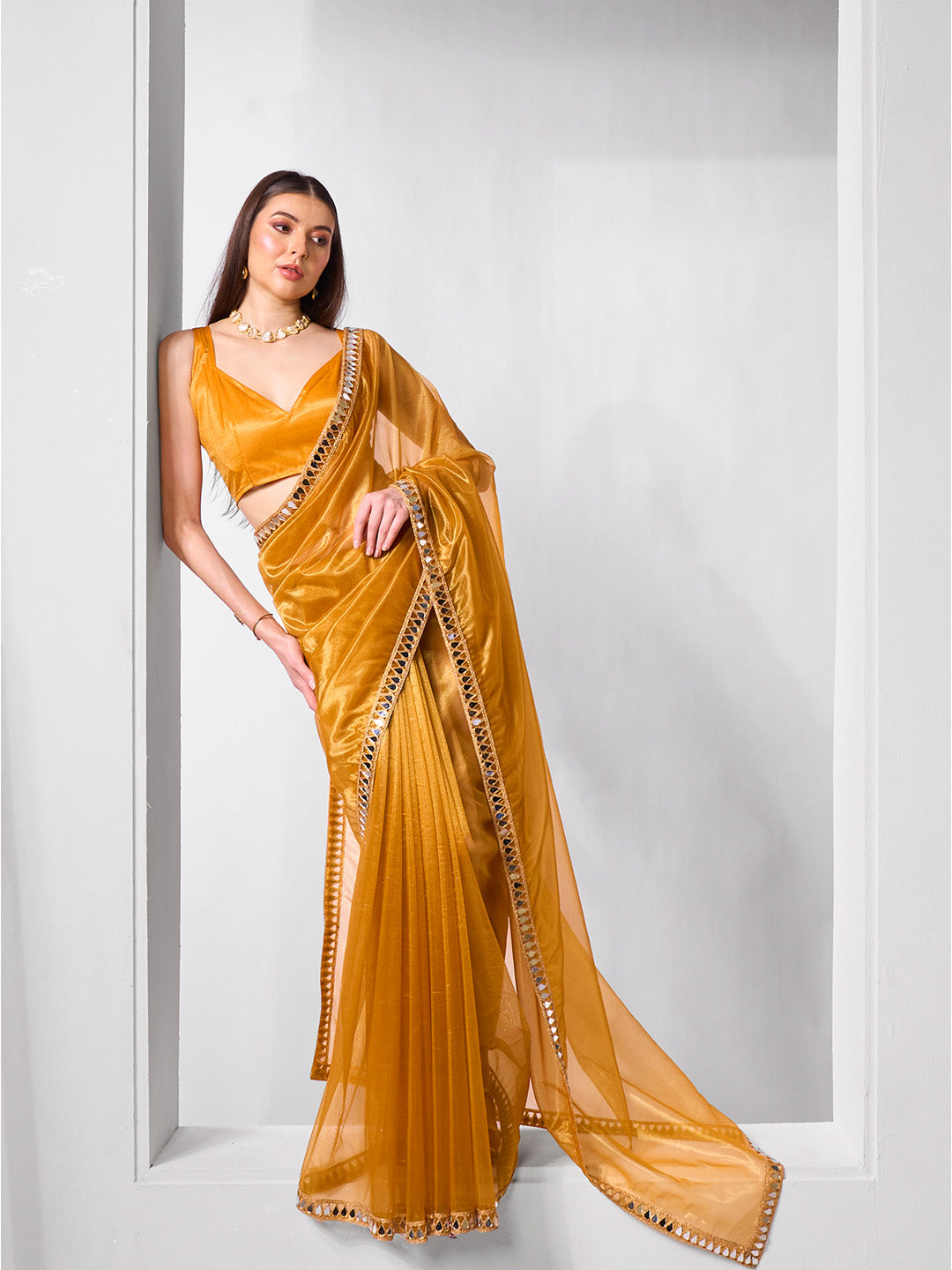 Mirror Work Lace Organza Saree With Blouse Piece