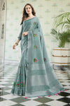 Grey Linen Blend Cotton Saree With Blouse Piece