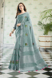 Grey Linen Blend Cotton Saree With Blouse Piece