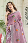 Purple Linen Blend Cotton Saree With Blouse Piece