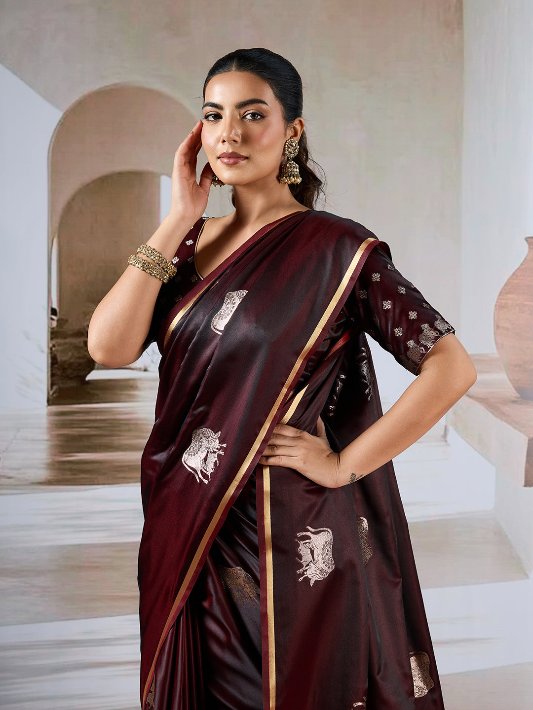 Brown Pure Satin Handloom Weaving Silk Saree With Blouse Piece