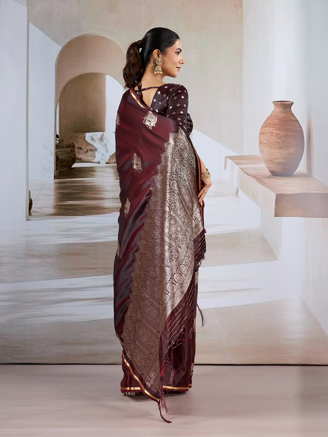 Brown Pure Satin Handloom Weaving Silk Saree With Blouse Piece