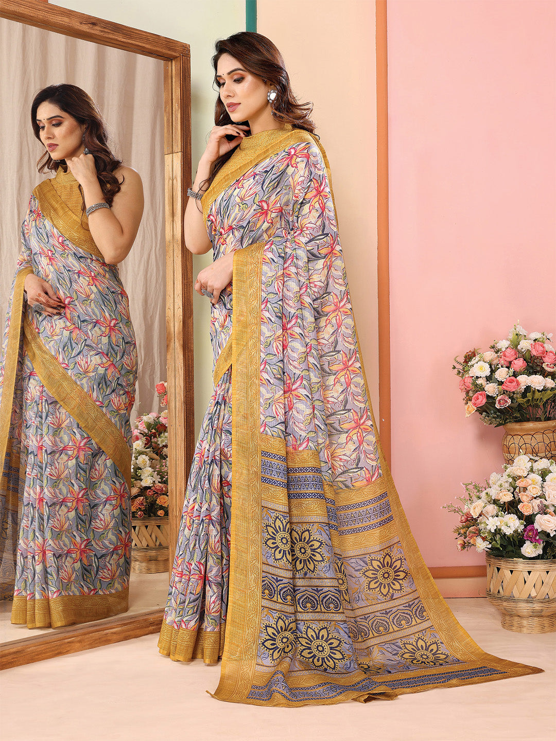 Mustard Kota Doria Saree With Blouse Piece