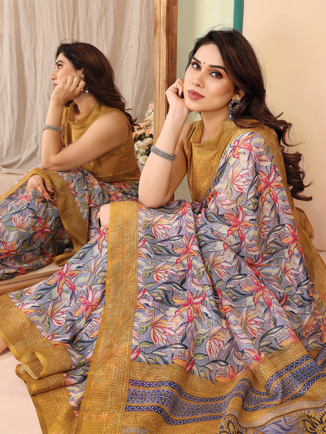 Mustard Kota Doria Saree With Blouse Piece