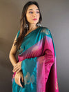 Pink And Blue Soft Silk Saree With Blouse Piece