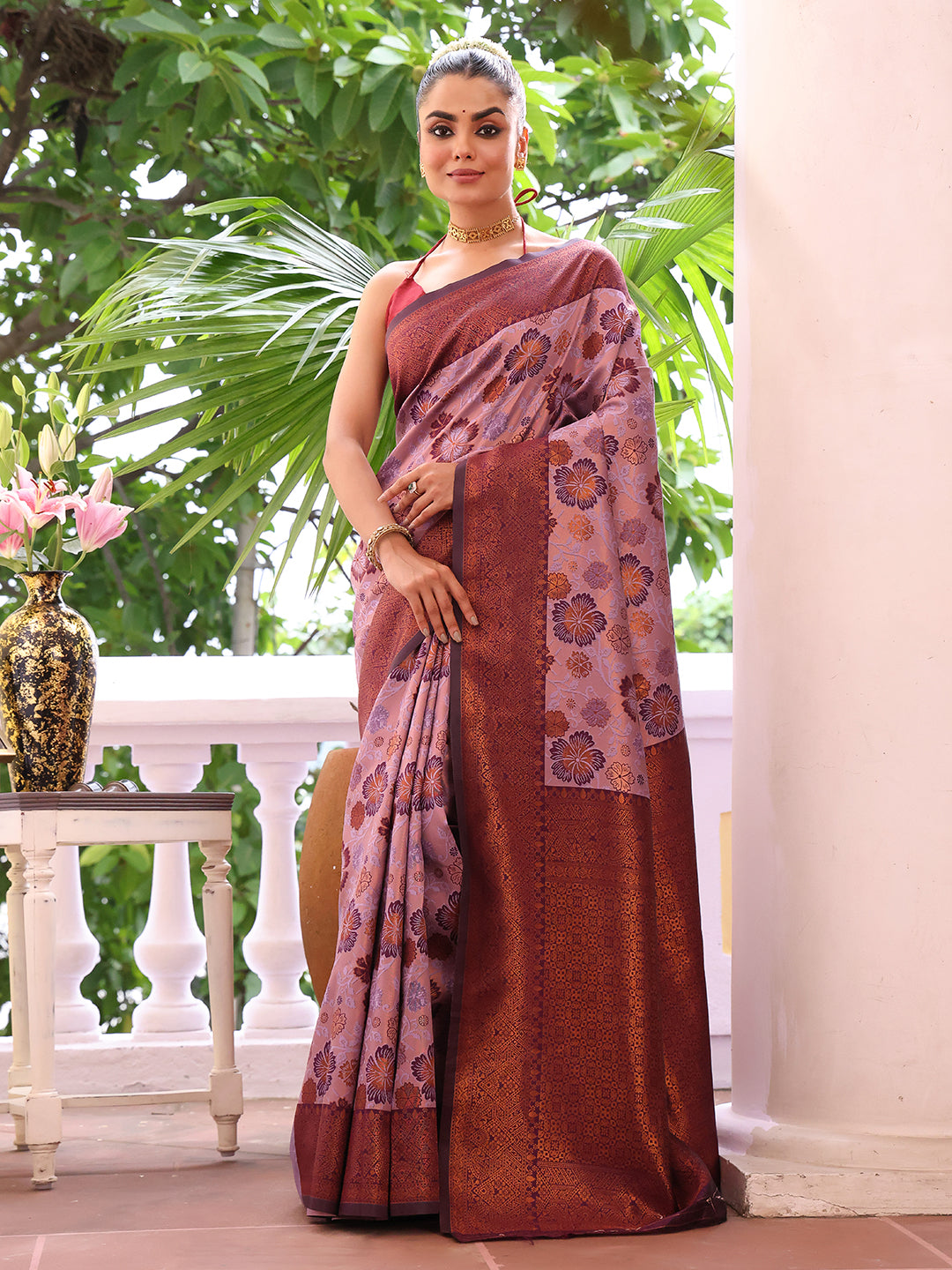 Purple Kanjeevaram Silk Blend Woven Design Zari Saree With Blouse Piece