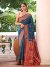 Teal Paithani Silk Blend Zari Saree With Blouse Piece