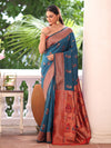 Teal Paithani Silk Blend Zari Saree With Blouse Piece