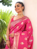 Pink Kanjeevaram Silk Blend Woven Design Zari Saree With Blouse Piece